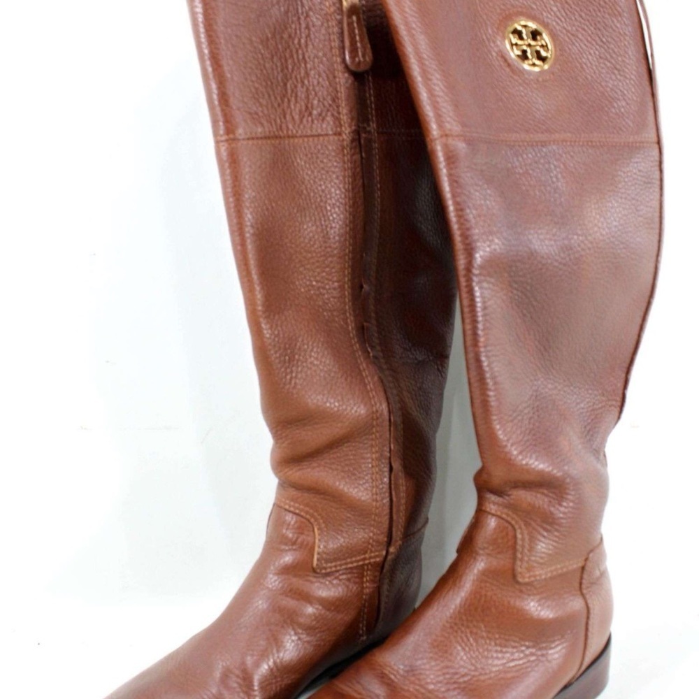 Tory Burch Tan Leather Boots with Gold Emblem